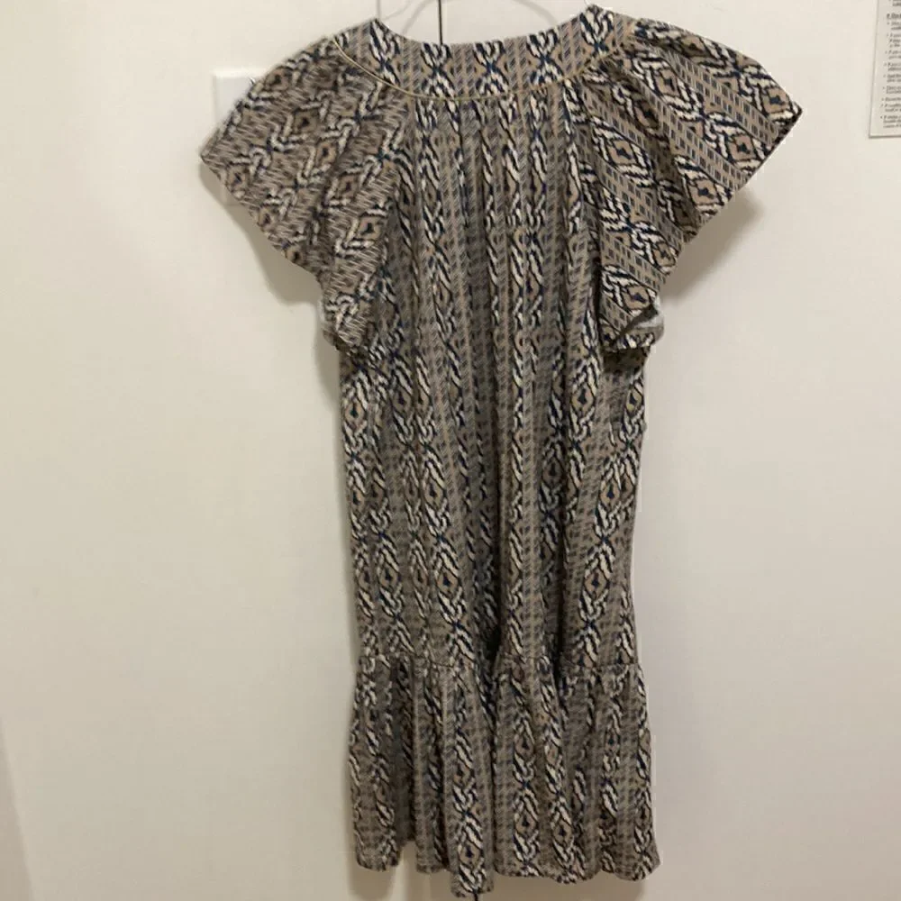 Imoga Pima NWT Organic Cotton Midi Shift Dress in Tan/Navy Ikat Print. Size 12.